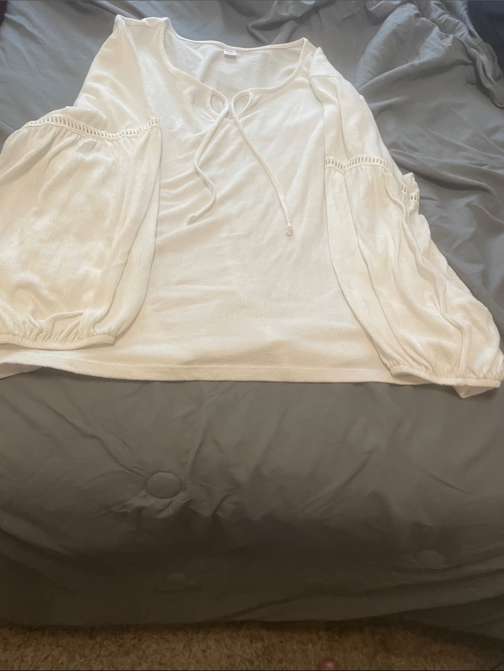 Old Navy Cream Tie-Neck Peasant Blouse with Balloon Sleeves